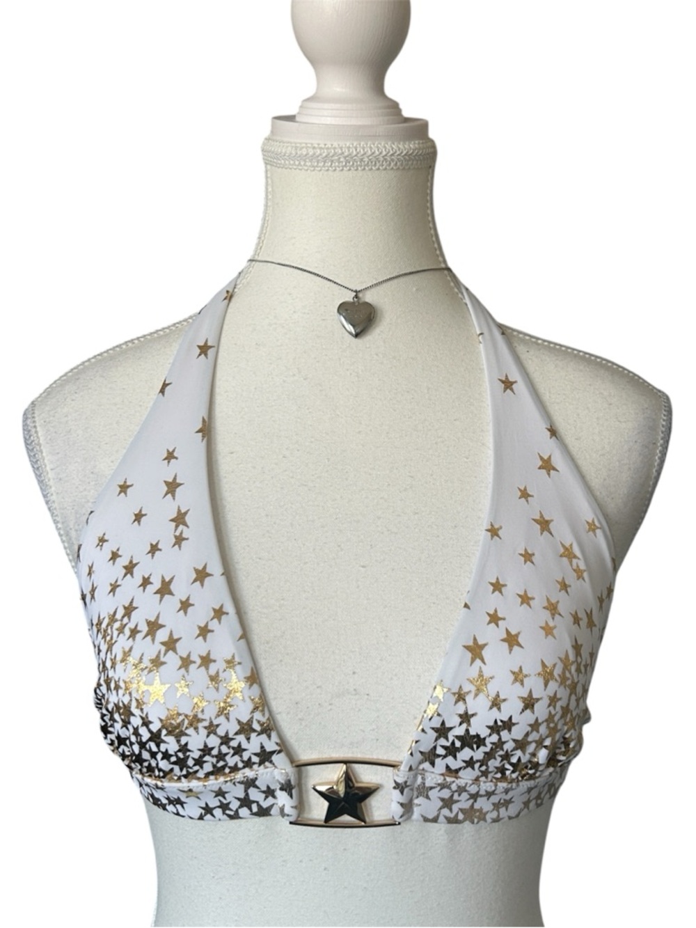 Y2K “Victoria’s Secret” Gold and White Star Print Bikini Top with Gold Hardware